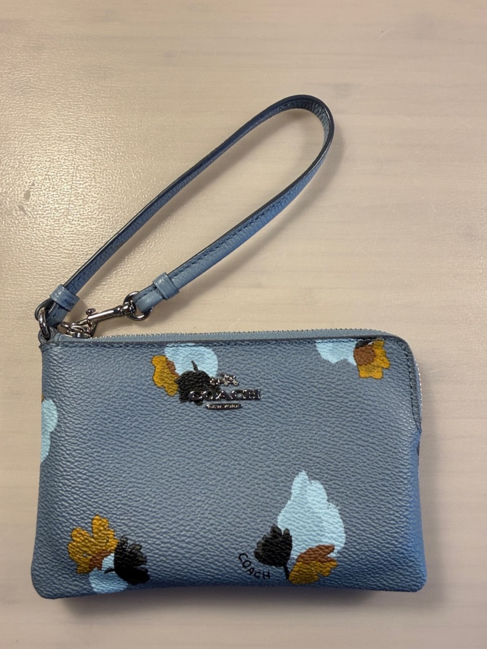 Coach Blue Floral Leather Wristlet with Multicolor Accents